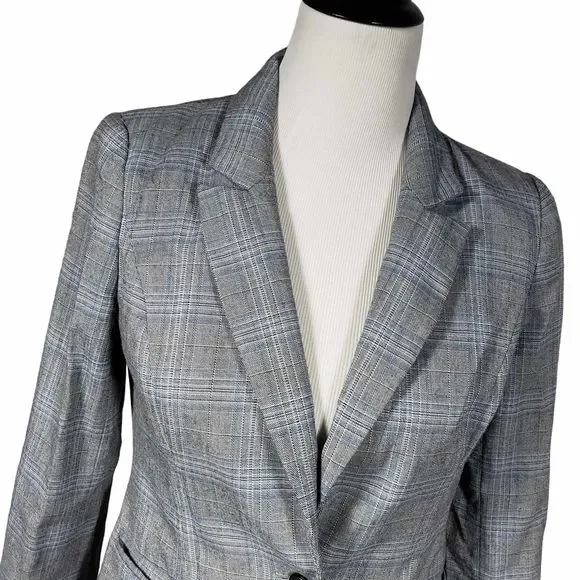 White House Black Market whbm Petite size 4P Gray Blue Plaid Blazer AS IS - Picture 3 of 11